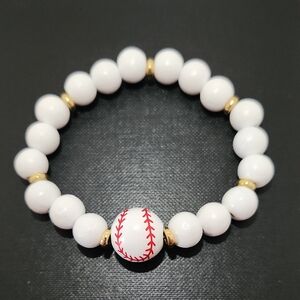 White Beaded Baseball Print Bracelet